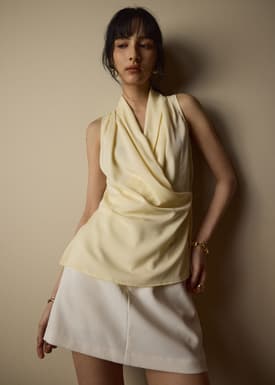 Krystal Crepe Satin Draped V-neck Top