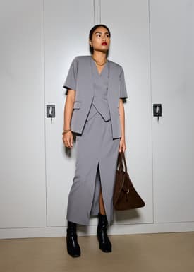 Blake Tailored Pinstripe Front Slit Column Maxi Skirt