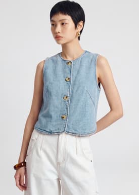 Relaxed Denim Round Neck Button Down Vest Top
