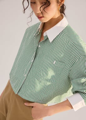 RuchedReady® Striped Cotton Collared Boxy Button Down Top