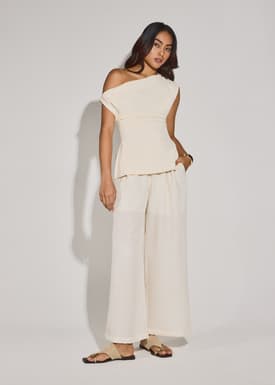Elastic Textured Lyocell Mid Waist Straight Leg Pants