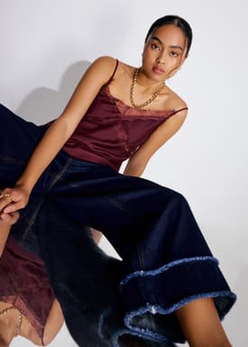 Denim Frayed Hem Mid Waist Wide Leg Jeans