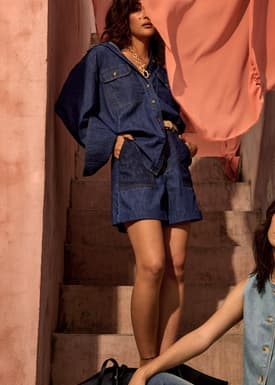 Denim High Waist A-line Cuffed Shorts