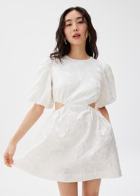 Jacquard Puff Sleeve Fit & Flare Mini Dress