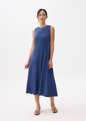 Chambray Round Neck Trapeze Midaxi Dress