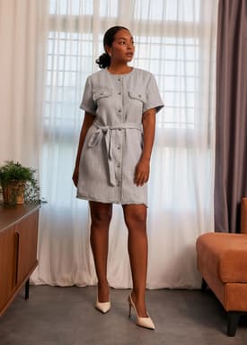 Tweed Belted Button Down Shift Dress