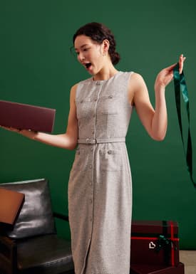 Belted Tweed Column Midi Dress