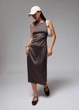 Crinkled Satin Column Midi Dress