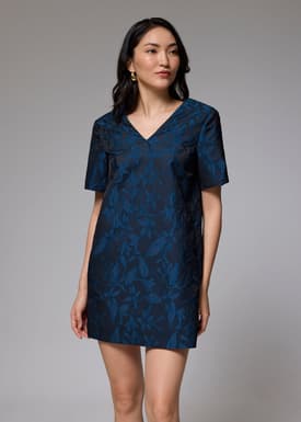 Brocade V-neck Shift Mini Dress