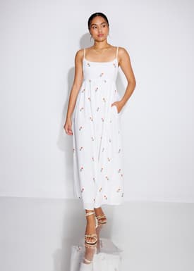 Cotton Floral Embroidery Camisole Fit & Flare Maxi Dress